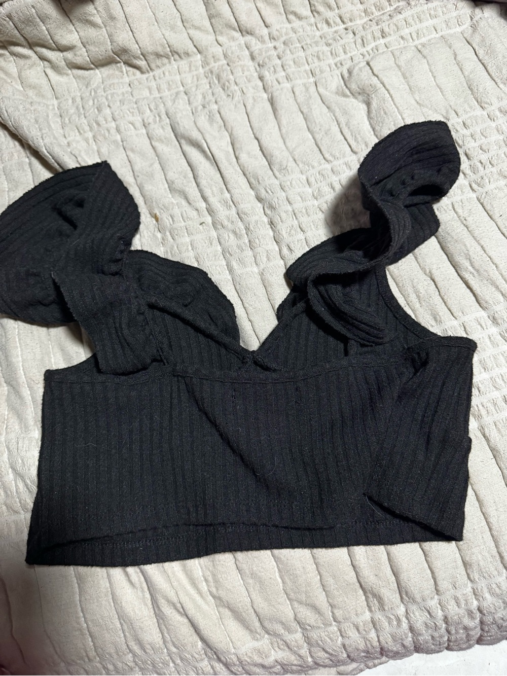Black Ribbed Ruffle-Strap Crop Top - Picture 2 of 3